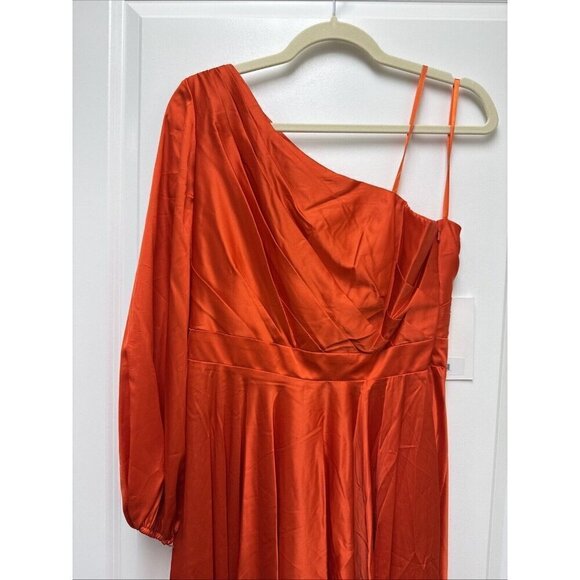 Mac Duggal Size 8 Orange One-Shoulder Satin High Low Prom Cocktail Gown Dress - Picture 5 of 9